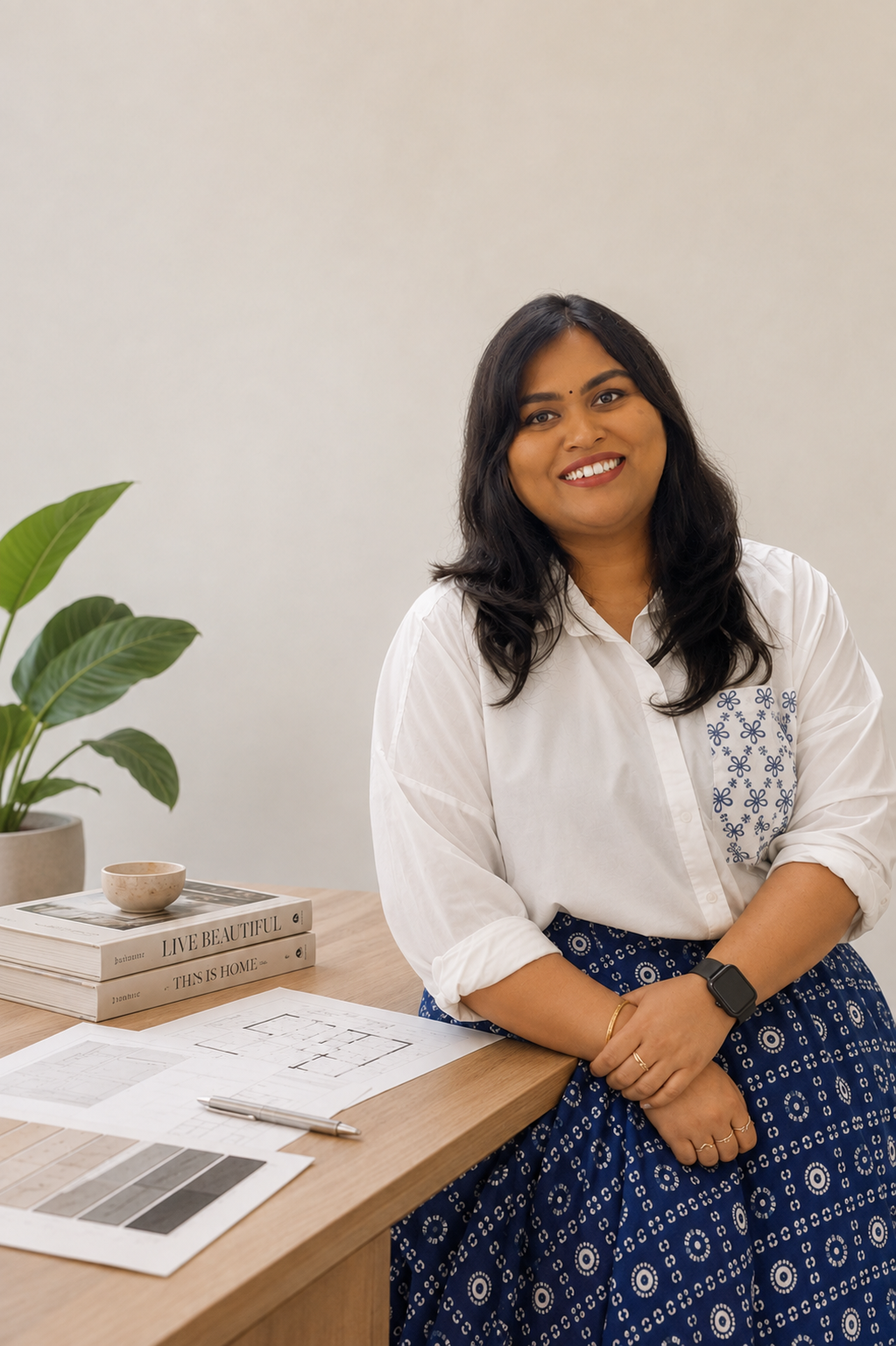 Founder and CEO of Sri Sai Vasavi Interiors seated beside design plans and material samples