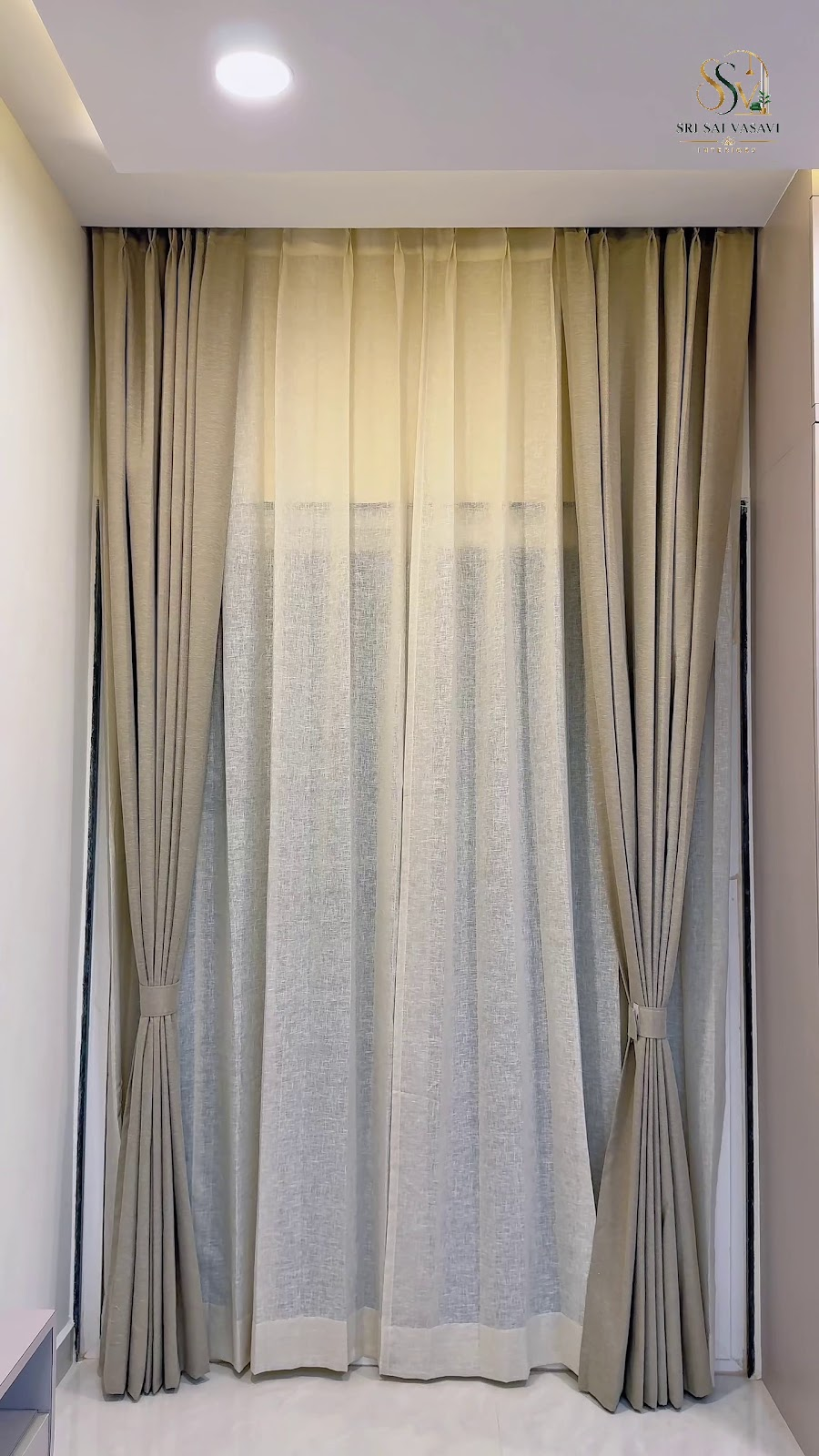 Villa interior preview featuring a serene curtain-framed window